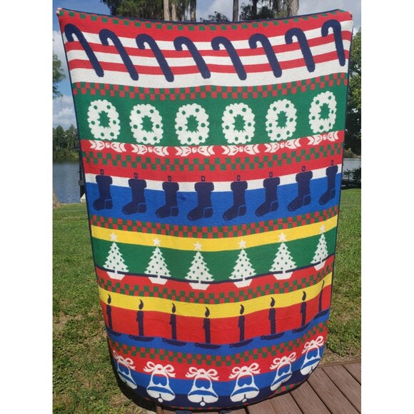 San Marcos Christmas Reversible Blanket Cane Stocking Wreath Candle Bells HEAVY - Picture 2 of 5